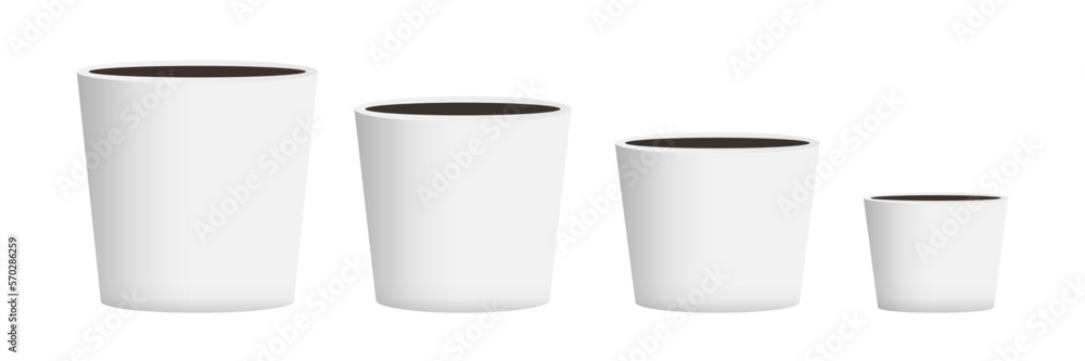 Set of white realistic plant pot vector mockup Set of white realistic plant pot vector mockup