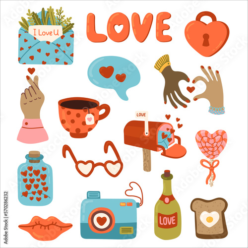 Valentines day stickers set for planner, love letter or diary. Gift, heart, balloon, kiss, key, candy, and other elements collection. Romantic Cartoon wedding journal decoration