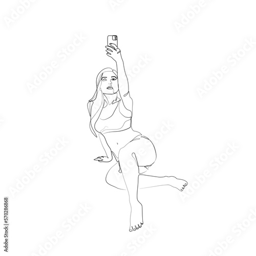 Fototapeta Naklejka Na Ścianę i Meble -  Woman do selfie shot on mobile cell phone, body silhouette, continuous line drawing. Sexy woman takes a selfie. Print for clothes, poster, postcard, isolated vector illustration.