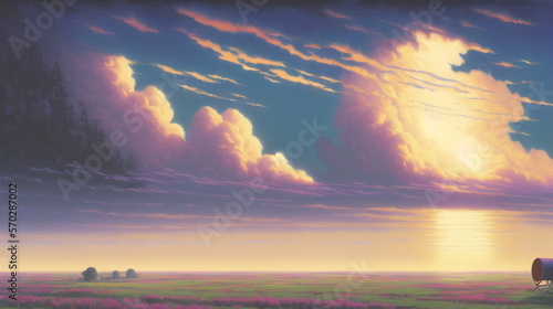 Rainy day landscape illustration painting ai generated artwork for social media, wall painting photo