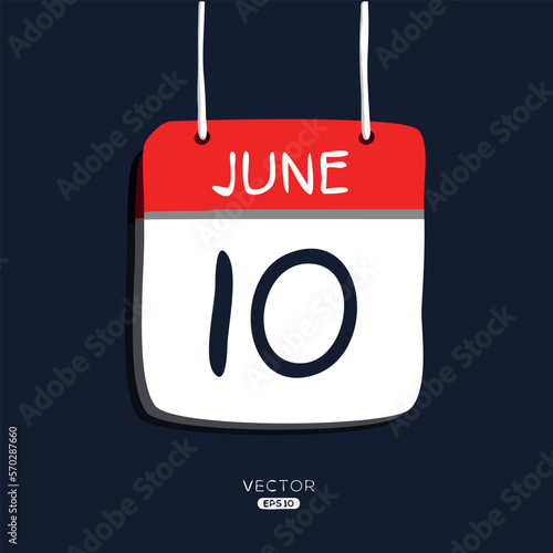 Creative calendar page with single day (10 June), Vector illustration.