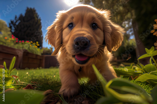 Golden Retriever puppy bouncing in the garden, Generative AI