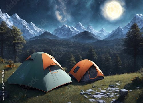Hiking in the mountains. set up a tent. incredible mountain views behind. atmosphere. travel  hike  tent