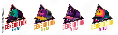 An original vector collection in a vintage style. Stylish baseball cap on the background of a text composition. T-shirt design