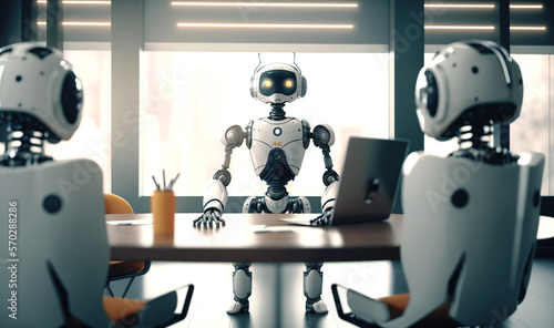 A business robot conducting an online meeting in a contemporary co working space