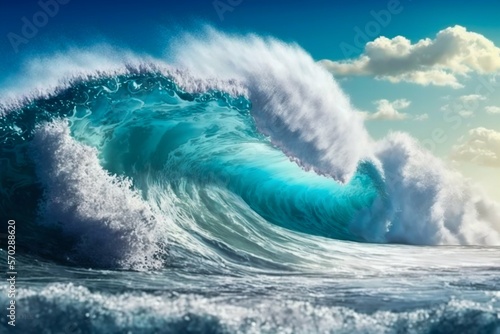Big ocean clear blue surfer wave tube closeup. Generative AI © Scrudje