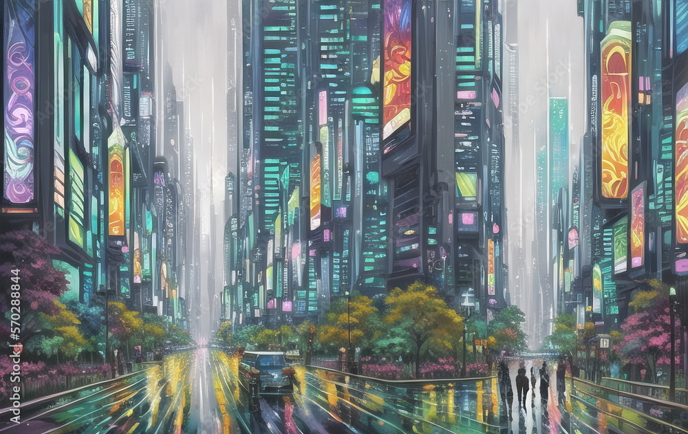 Obraz premium Cyberpunk Poster 80s style. Retro style, neon, futuristic, landscape, night city, ai generated