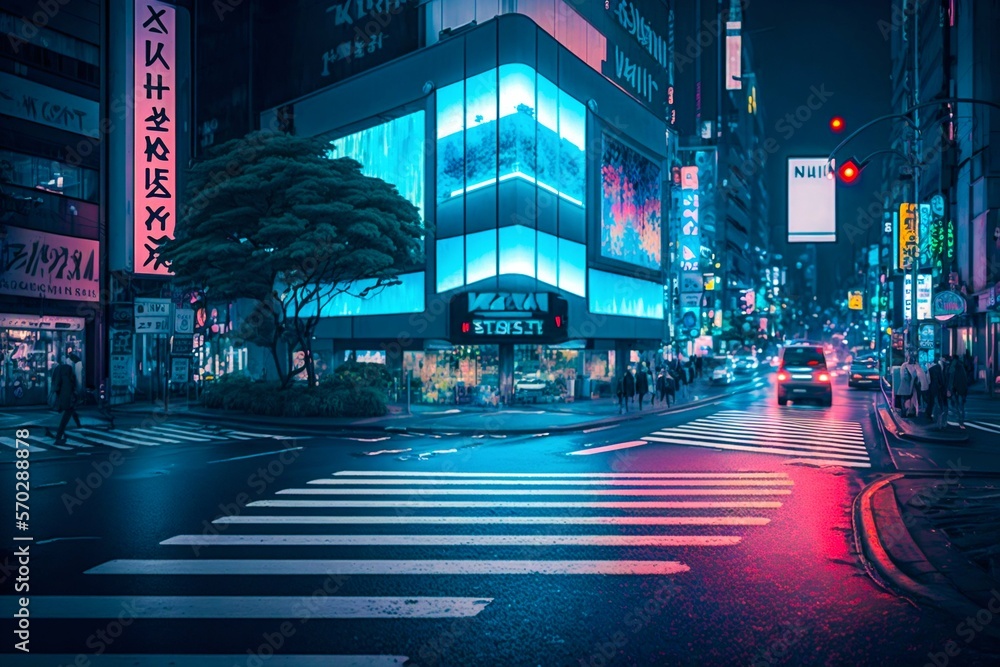 Fototapeta premium Neon night city Shibuya crossing in Tokyo. Generative AI