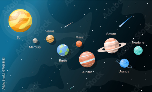 Illustration of the cosmos with the planets of the solar system far from the sun