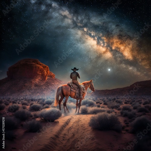 Cowboy riding horse at night. Generative AI photo