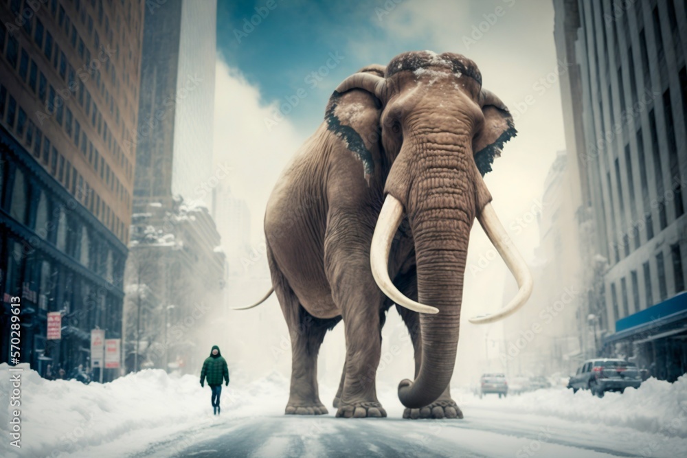 Mammoth elephant walking on the city road. Generative AI