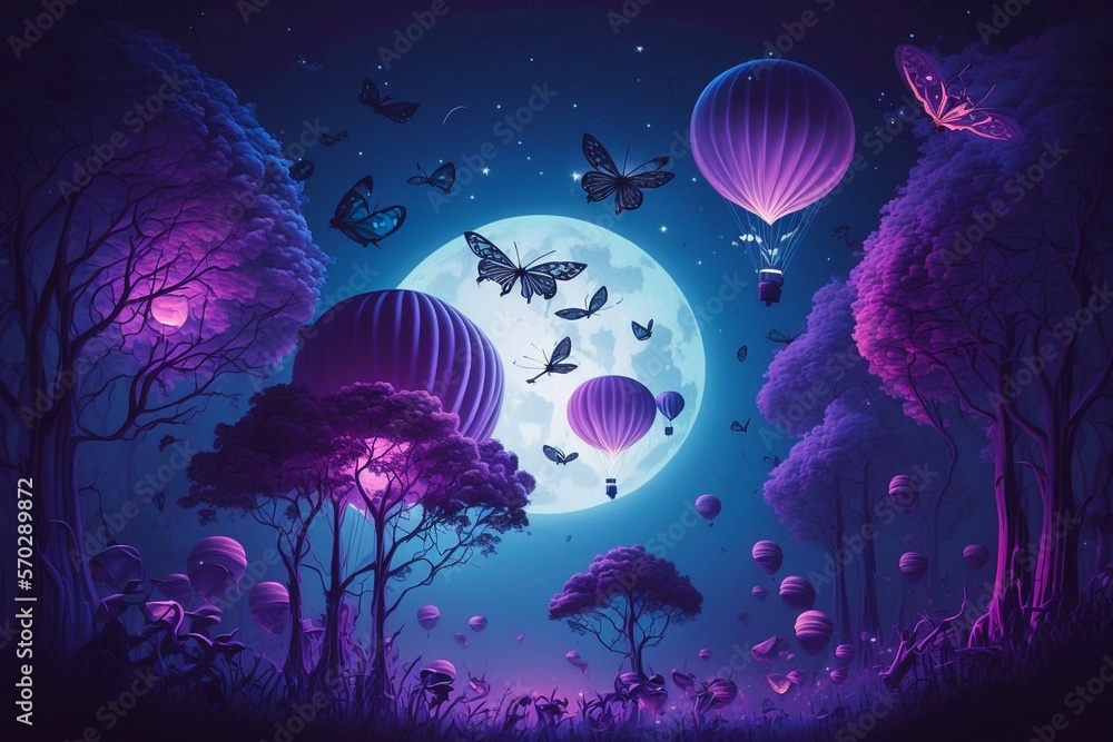 Magical fantasy romantic night background with full moon and glowing butterflies. Lunar midnight shiney particles, balloons and magical atmosphere. A purple violate fairytale concept. Generative AI Magical fantasy romantic night background with full moon and glowing butterflies. Lunar midnight shiney particles, balloons and magical atmosphere. A purple violate fairytale concept. Generative AI