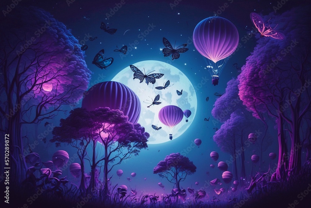 Magical fantasy romantic night background with full moon and glowing butterflies. Lunar midnight shiney particles, balloons and magical atmosphere. A purple violate fairytale concept. Generative AI