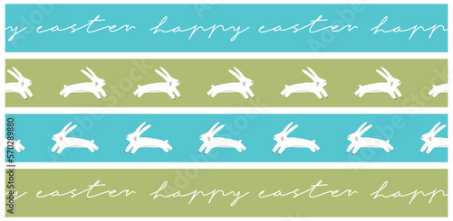 Set of Easter Holidays Seamless Graphics with White Bunnies and Handwritten  Happy Easter  isolated on a Green and Blue Background. Easter Holidays Prints ideal for Stickers  Washi Tapes  Ribbons.