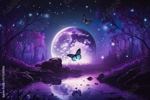 Magical fantasy romantic night background with full moon and glowing butterflies. Lunar midnight shiney particles  balloons and magical atmosphere. A purple violate fairytale concept. Generative AI