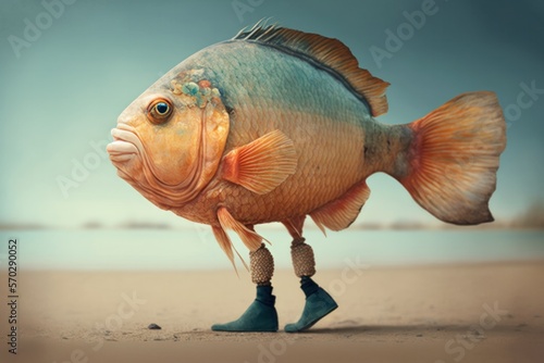 A fish with human legs walks along the beach photo