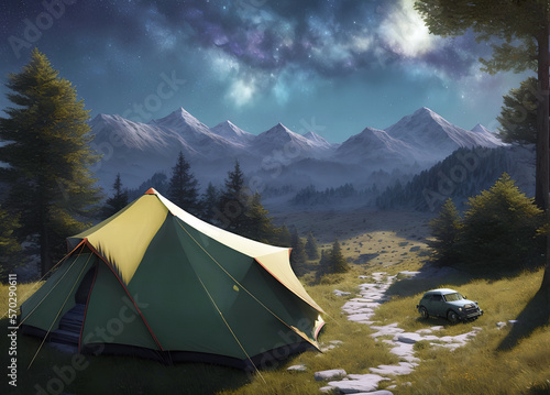 Hiking in the mountains. set up a tent. incredible mountain views behind. atmosphere. travel  hike  tent