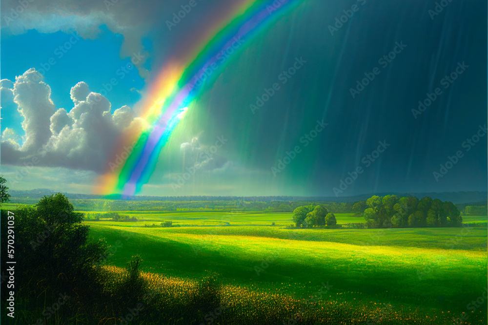 Naklejka premium A colourful spring-summer day, a rainbow in the sky. Generative AI