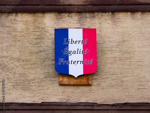 Bild auf Leinwand Colmar, France - March 27, 2022: Coat of arms in the colors of the French flag w