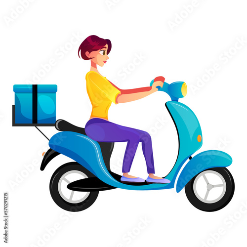 Express, fast, free scooter delivery concept. Food and other shipping services for websites. Vector cartoon illustration delivery with a girl. Advertise for restaurants, cafes, shops.