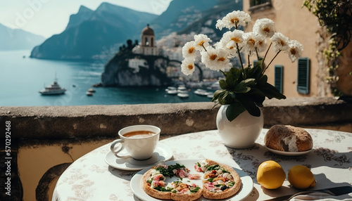 Incredible spring breakfast with flowers, tea and juice on the hotel terrace with the Amalfi Coast in the background. Lifestyle.