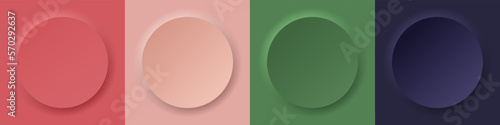 Set of neomorphic round backgrounds in rose gold, pink, green and blue. Background for your design, text, product. Vector EPS 10