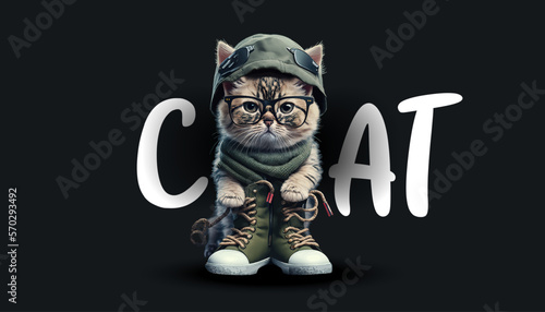 Cute dude cat. Beautiful cat doll on a black background. Funny adorable home pet vector illustration. A template for clothing design or stickers.