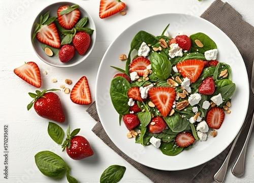 Strawberry salad. Spinach leaves, sliced strawberries, nuts, feta cheese on white background. Healthy food concept. Flat lay, top view. Generative AI
