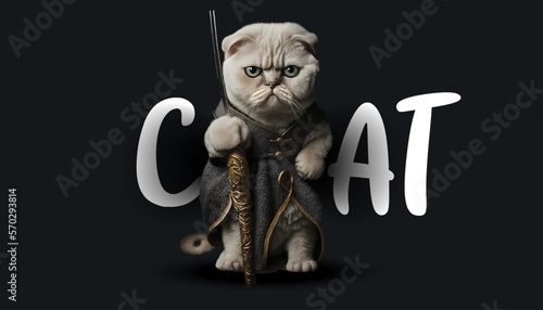 Cute cat. Beautiful cat doll on a black background. Funny adorable home pet vector illustration. A template for clothing design or stickers.
