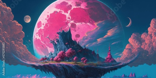 Big planet moon and pink clouds in a blue background are depicted in a fantasy art painting for a fairy tale book. Generative AI