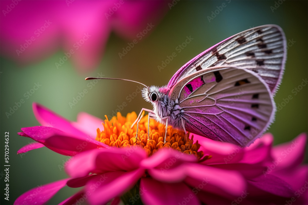 Macro photograph of a butterfly perched on beautiful flower. Butterfly close-up portrait. Generative AI illustration. Macro photograph of a butterfly perched on beautiful flower. Butterfly close-up portrait. Generative AI illustration.