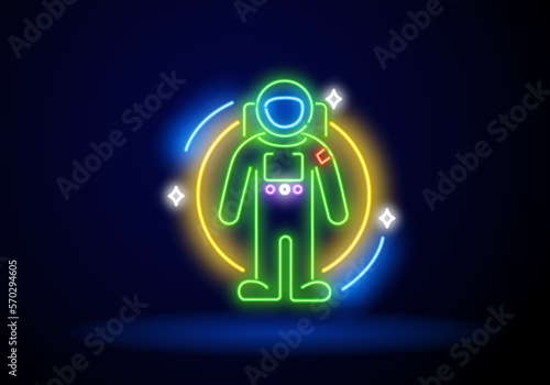 Outline neon astronaut icon. Glowing neon spaceman sign, cosmonaut pictogram in vivid colors.