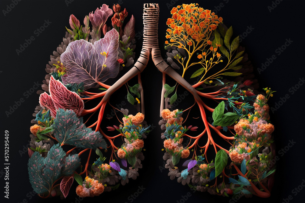 Floral human lung. Chest health concept, 3d model, illustration created