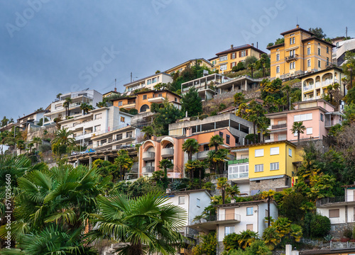 Locarno, Switzerland - December 29, 2021: Cityscape of the town of Locarno, an Italian-speaking holiday destination resort in the south of Switzerland.