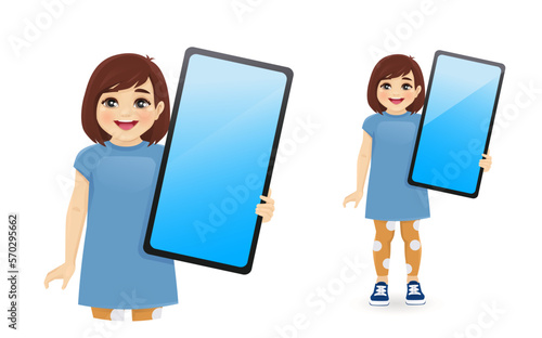 Smiling cute little girl showing blank phone screen vector illustration 
