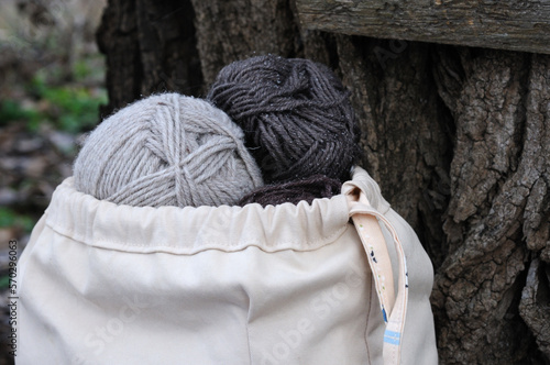 Woolen threads in a bag in nature.  Front view.