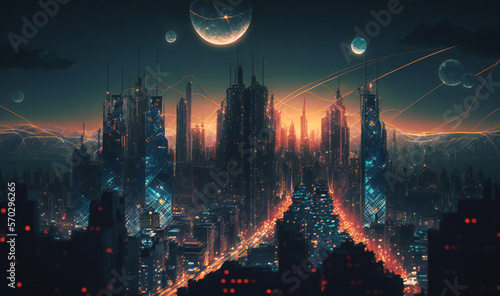 Cityscape concept of a city with wireless network connection  showcasing modern technology against a night-time background