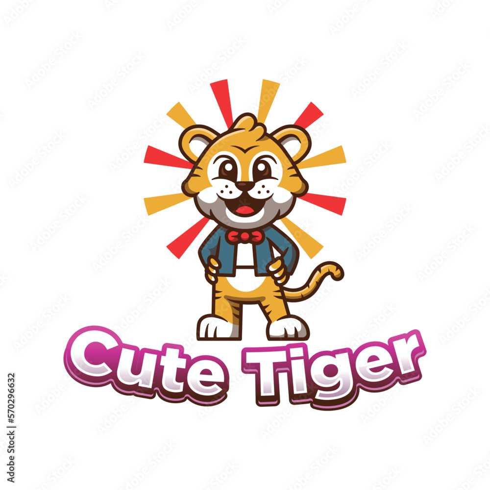 Fototapeta premium Cute tiger logo mascot in suit. Mascot logo in cartoon style isolated on white background.