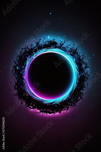 A black circle with some glowing colors blue and pink on a black background
