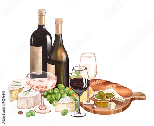 Watercolor red wine bottle, fresh ripe green grapes, cheese on the wood cutting board. Hand draw background with food objects for picnic. Concept for wine list, label, banner, menu, flyer, template