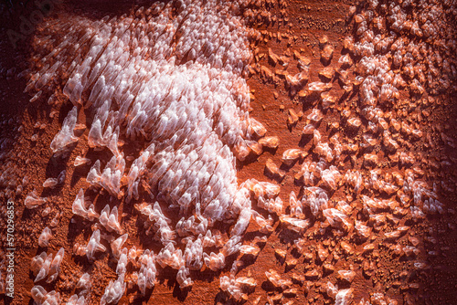 Ice frozen to orange wall in interesting shapes