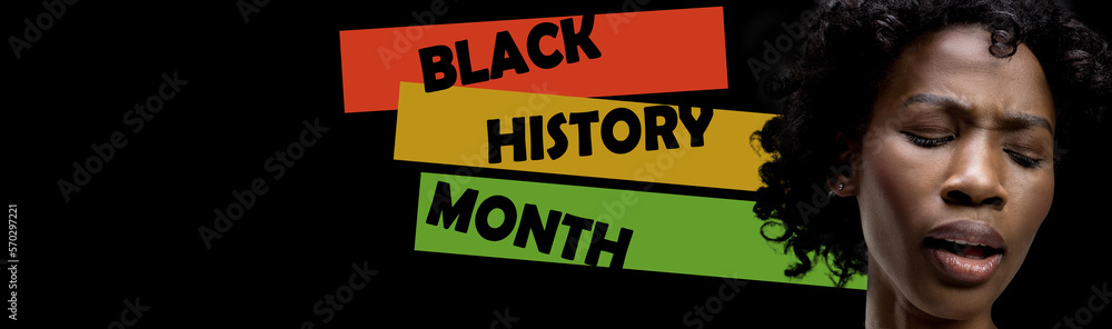 Fototapeta premium African-american woman over black background with red yellow green colors. Racial equality. Black History Month. Banner, poster. Concept of human rights, history, discrimination and activism.