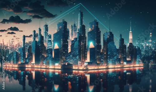 Cityscape concept of a city with wireless network connection, showcasing modern technology against a night-time background © Nilima