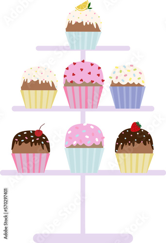 Vector illustration of cake stand with cupcakes with cream, chocolate, sprinkles and berries in cartoon style. Vector set of muffins for holiday