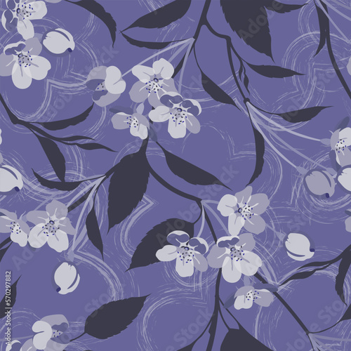 Seamless pattern-apple blossoms. Apple tree flowers background-blue.