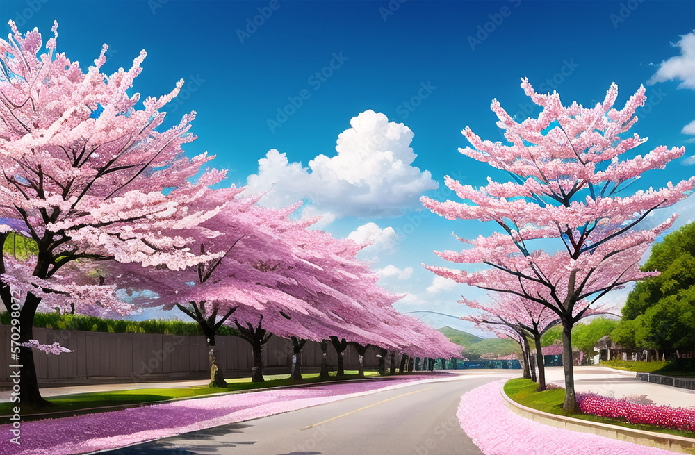 Japan Sakura festival of Cherry tree blossom explosion. AI generated landscape for digital printing