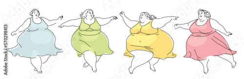 Group of Happy fat women dance. A plus size female with excess weight. All bodies are beautiful. Body positive, active lifestyle and refusal of diets. Girls in summer dresses relax. day without diets