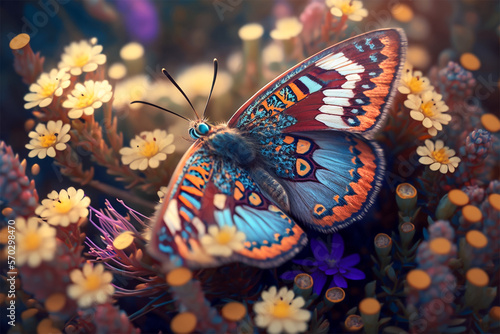 Macro photograph of a butterfly perched on beautiful flower. Butterfly close-up portrait. Generative AI illustration.