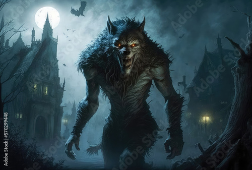 Scary werewolf with glowing eyes. Generative AI photo