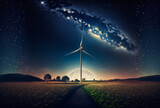 Starry sky, milky way and wind turbine: this night landscape illustrates the protection of our planet by renewable energies. A poetic universal image. Generative AI